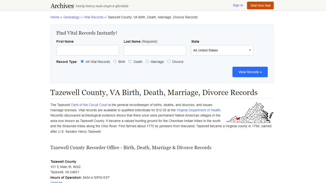 Tazewell County, VA Birth, Death, Marriage, Divorce Records - Archives.com