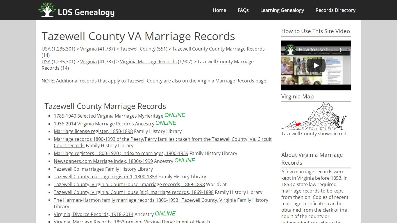 Tazewell County VA Marriage Records - LDS Genealogy